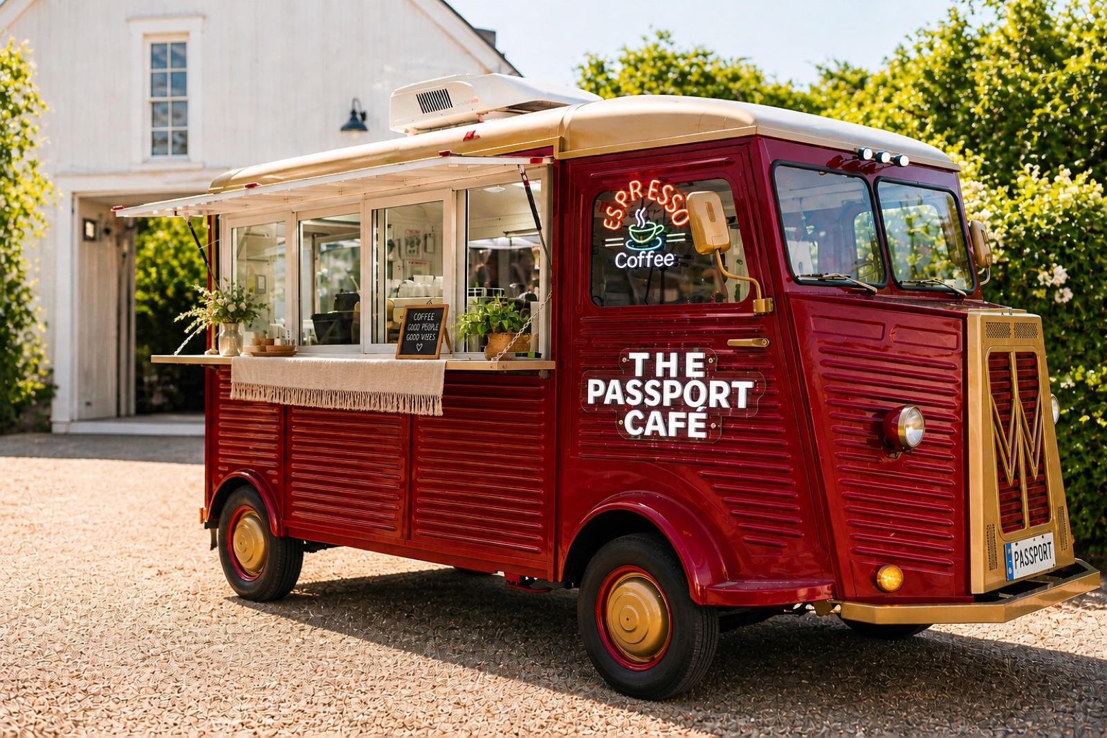Front of the burgundy Passport Cafe truck with champagne gold grille and mirrors